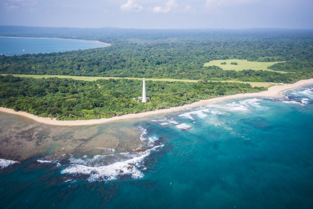 Aerial view of the Tambling coastline: dense forest meeting white sand and shallow coral reef in clear blue water